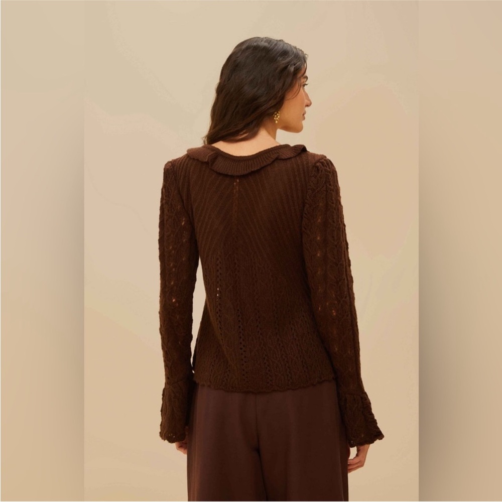 Farm Rio: NWT: Lace Stitch Knit Ruffles Cardigan - Brown DT - Picture 6 of 11